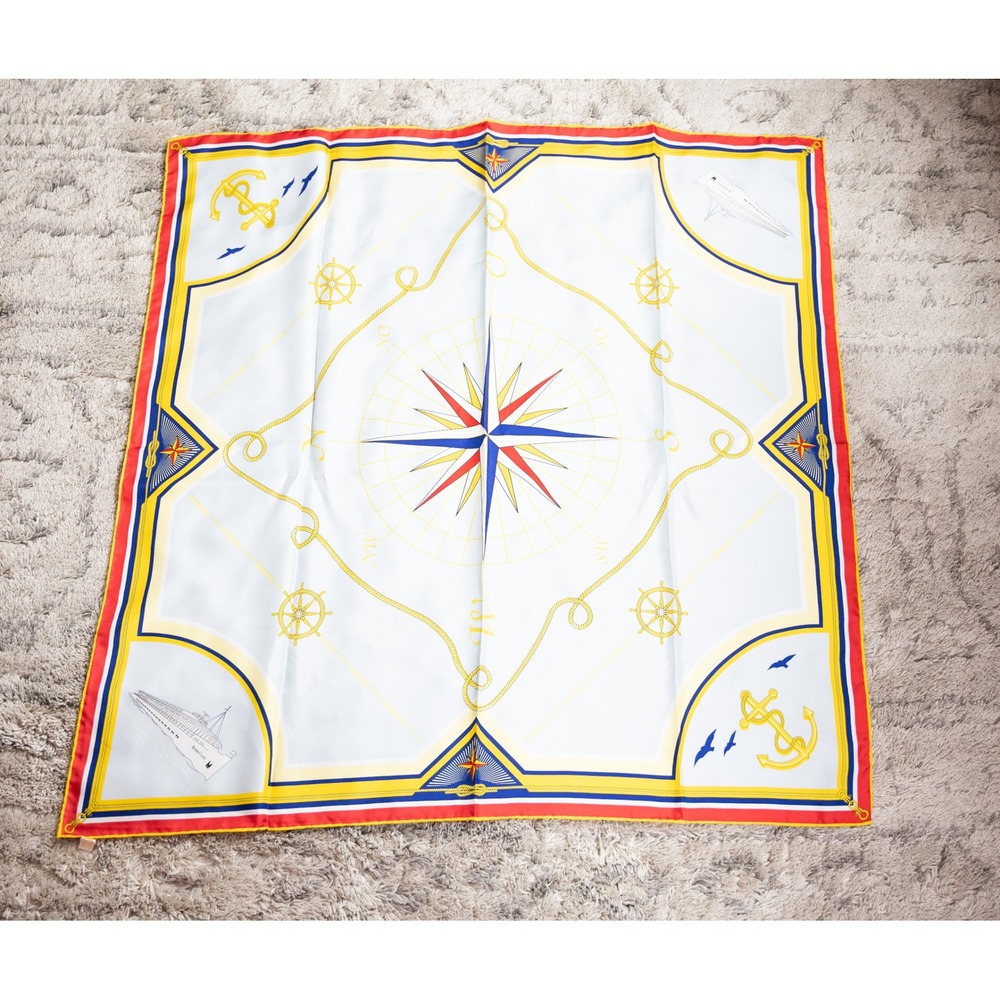 River Cloud Silk Scarf Women Blue Red White Excellent Nautical Compass Italy